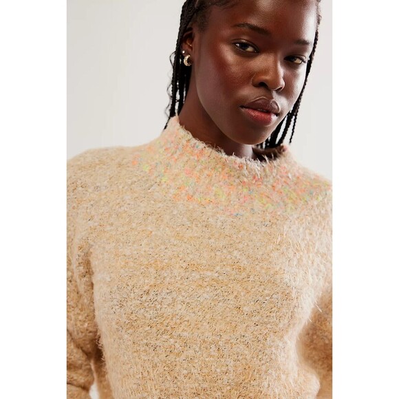 Free People Stardust Pullover Sweater XS Beige Fuzzy Cropped Mock Neck Cozy Boho - Picture 3 of 11